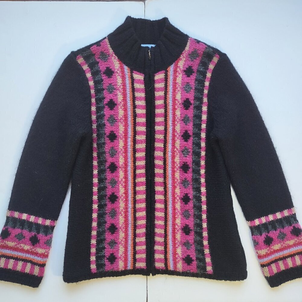 Vintage Mohair & Wool Boho Chic Cardigan Cabin Garden Pink/Black Full Zip Small